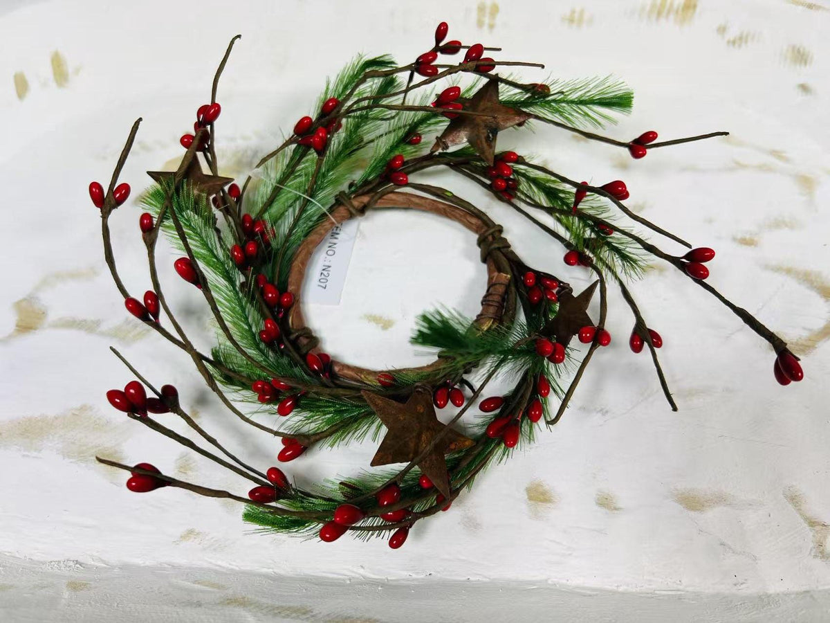 Mini Red Berry Pine Wreath 2.5” | Farmhouse Candle Ring | Rustic Winter Christmas Accent