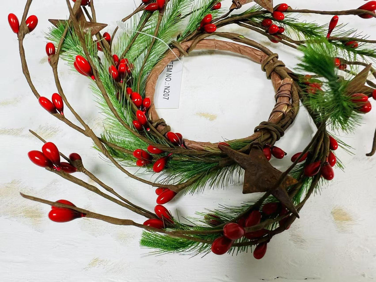 Mini Red Berry Pine Wreath 2.5” | Farmhouse Candle Ring | Rustic Winter Christmas Accent