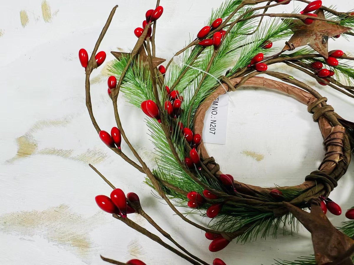 Mini Red Berry Pine Wreath 2.5” | Farmhouse Candle Ring | Rustic Winter Christmas Accent