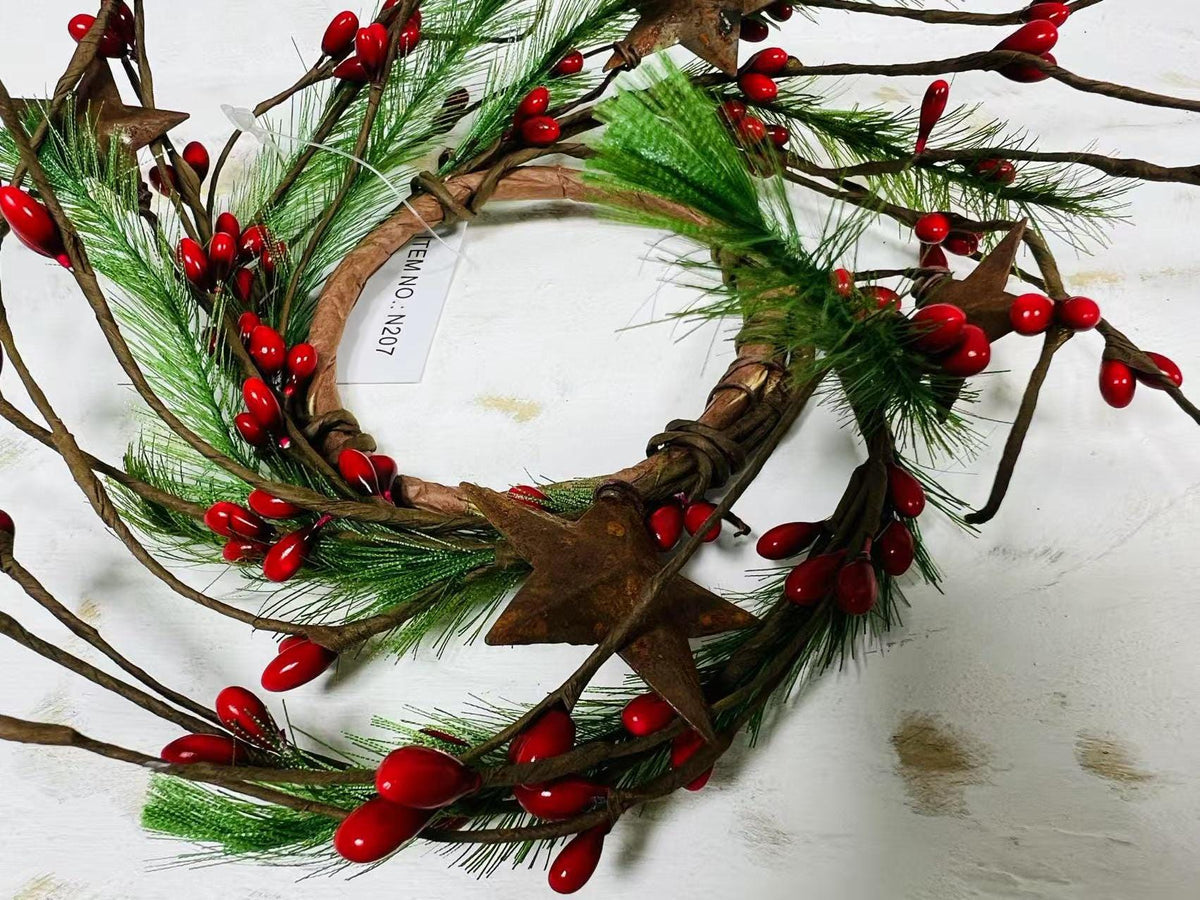 Mini Red Berry Pine Wreath 2.5” | Farmhouse Candle Ring | Rustic Winter Christmas Accent