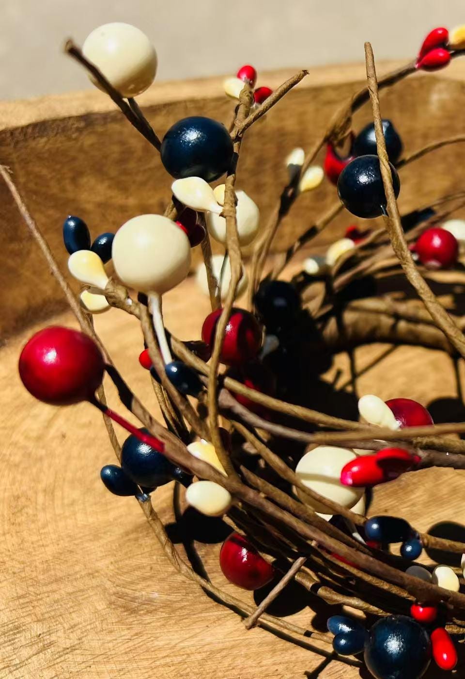 Rustic Patriotic Pip Berry Candle Ring: Red White Blue Mini Wreath (2.5")