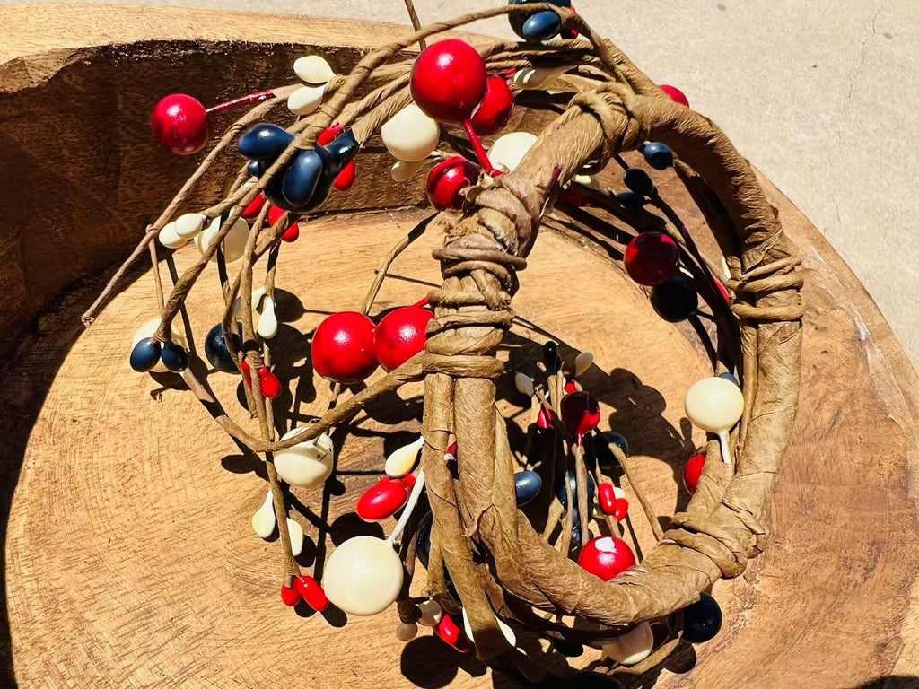 Rustic Patriotic Pip Berry Candle Ring: Red White Blue Mini Wreath (2.5")