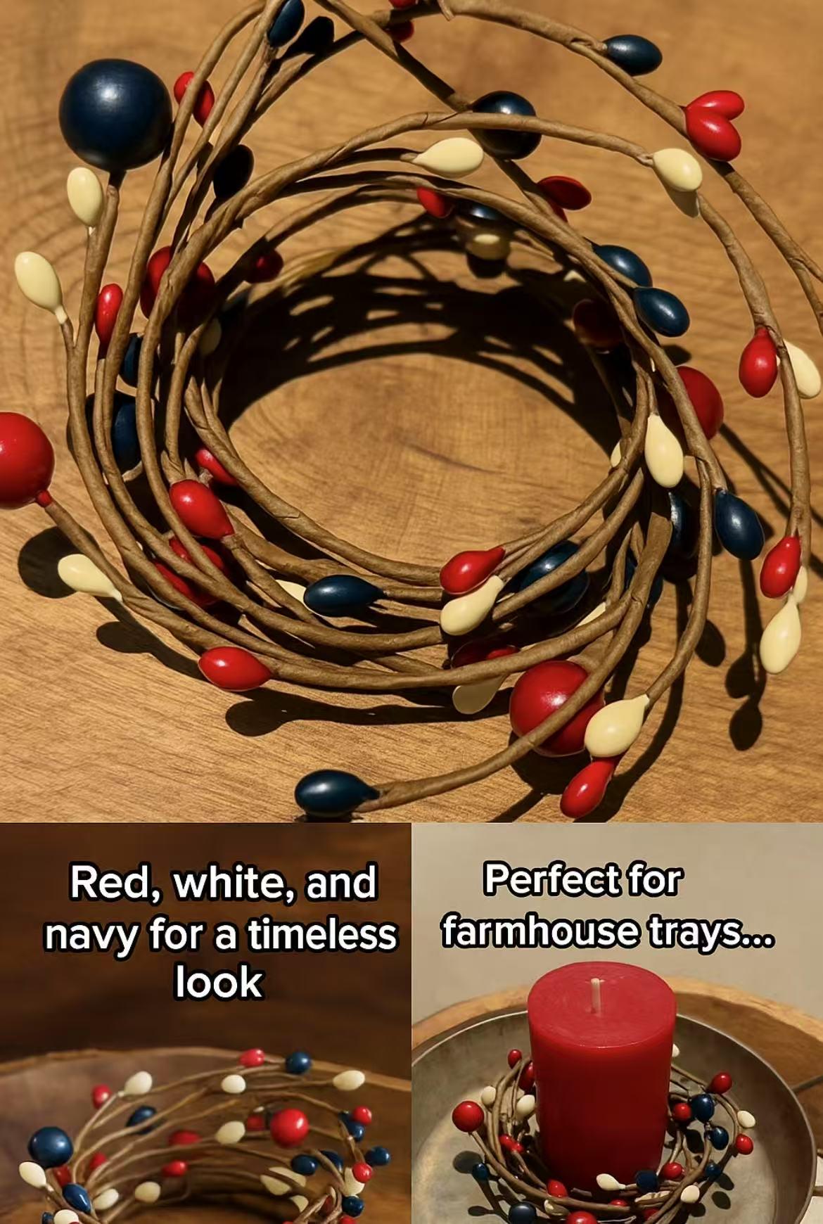 Rustic Patriotic Pip Berry Candle Ring: Red White Blue Mini Wreath (2.5")