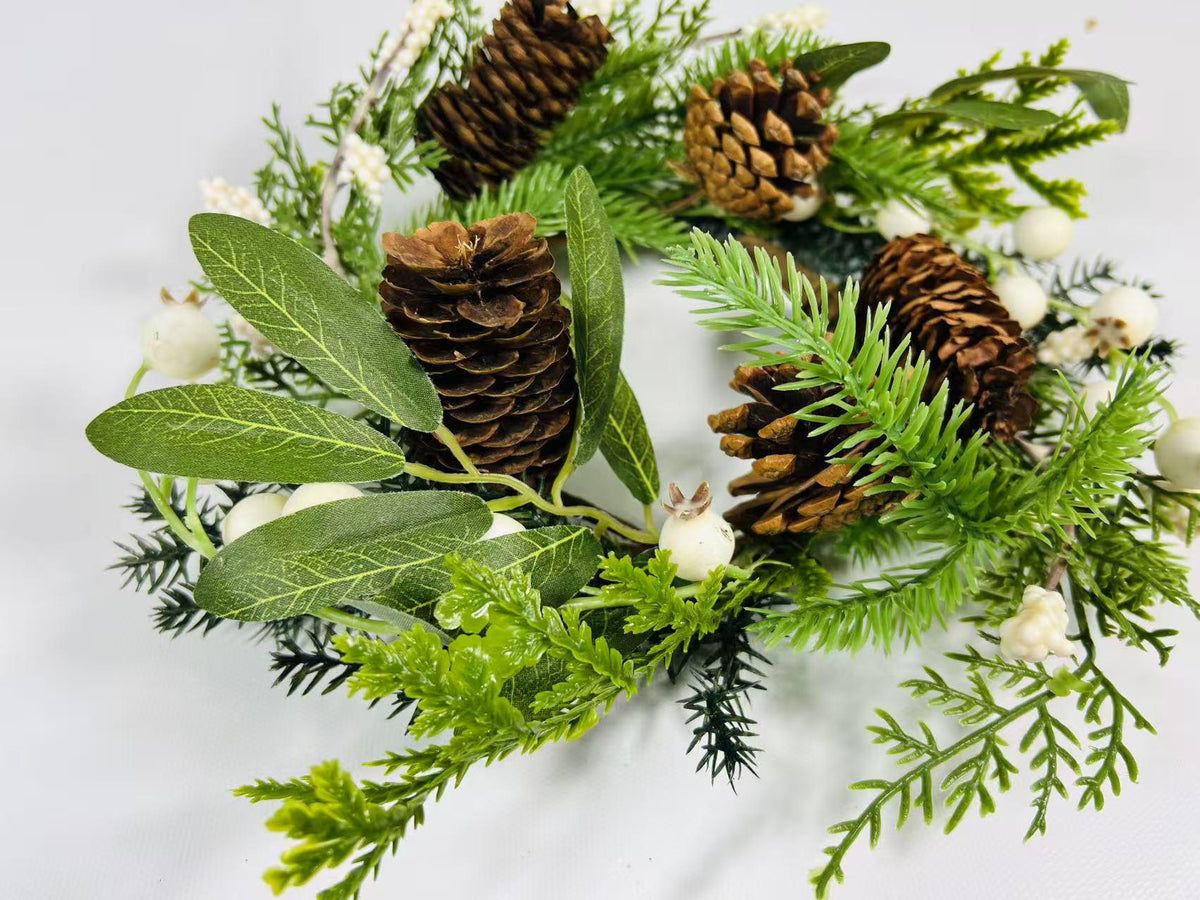 Winter Pine Wreath 4.5” Mini Christmas Candle Ring Pinecone Berry Greenery Farmhouse Decor