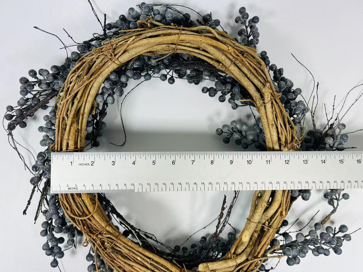 12” Blueberry Wreath with Twigs | Rustic Farmhouse Berry Grapevine Wreath | Winter Door Decor