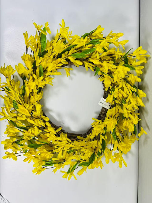 12” Yellow Silk Flower Wreath | Artificial Forsythia Grapevine Wreath | Spring Front Door Decor
