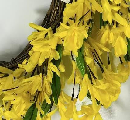 12” Yellow Silk Flower Wreath | Artificial Forsythia Grapevine Wreath | Spring Front Door Decor