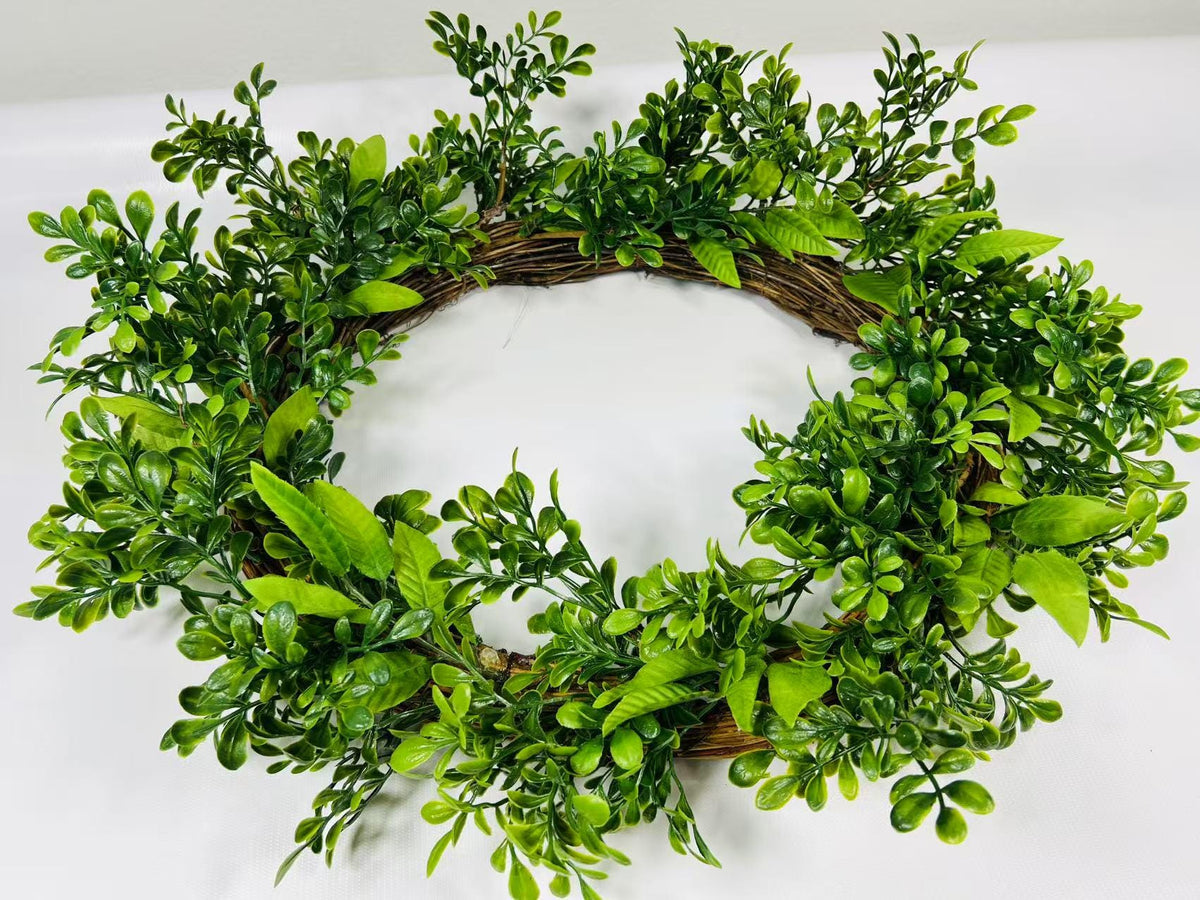 16” Greenery Wreath for Front Door | Artificial Boxwood Leaf Wreath | Year-Round Farmhouse Decor
