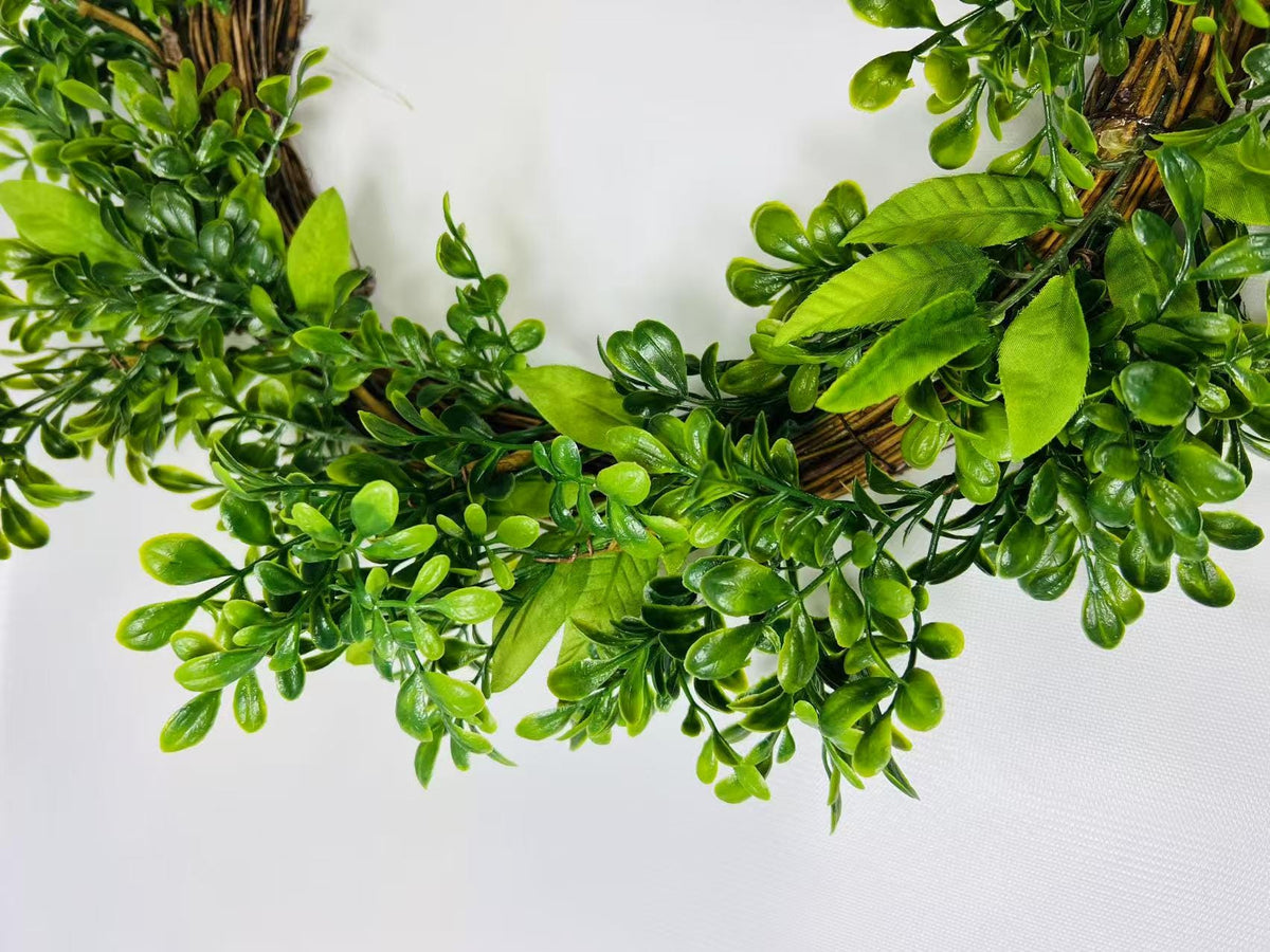 16” Greenery Wreath for Front Door | Artificial Boxwood Leaf Wreath | Year-Round Farmhouse Decor