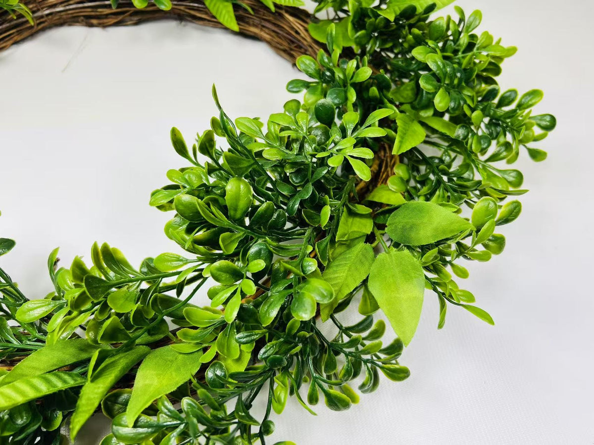 16” Greenery Wreath for Front Door | Artificial Boxwood Leaf Wreath | Year-Round Farmhouse Decor