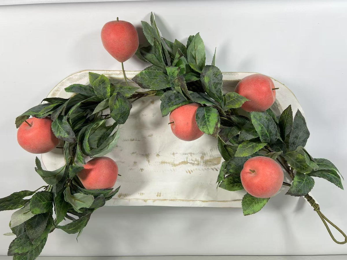 34” Faux Peach Garland with Leaves | Artificial Fruit Vine | Summer Kitchen Decor | Farmhouse Style