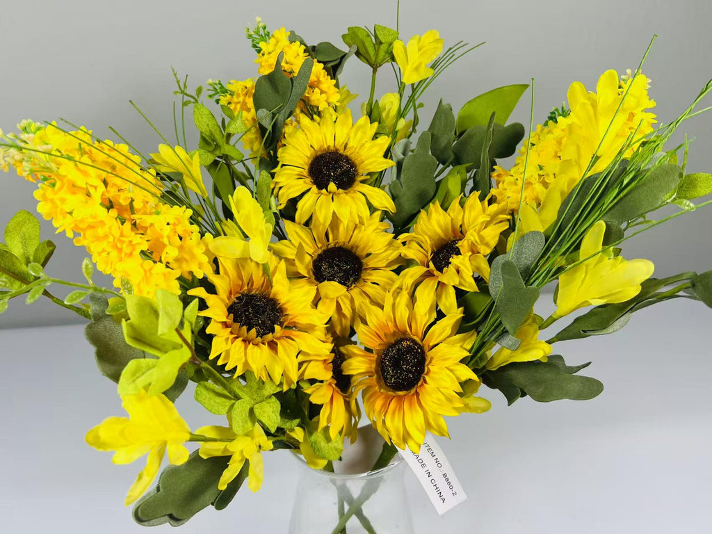 Rustic Sunflower and Yellow Floral Bouquet | 16” Artificial Farmhouse Spring Wildflower Pick