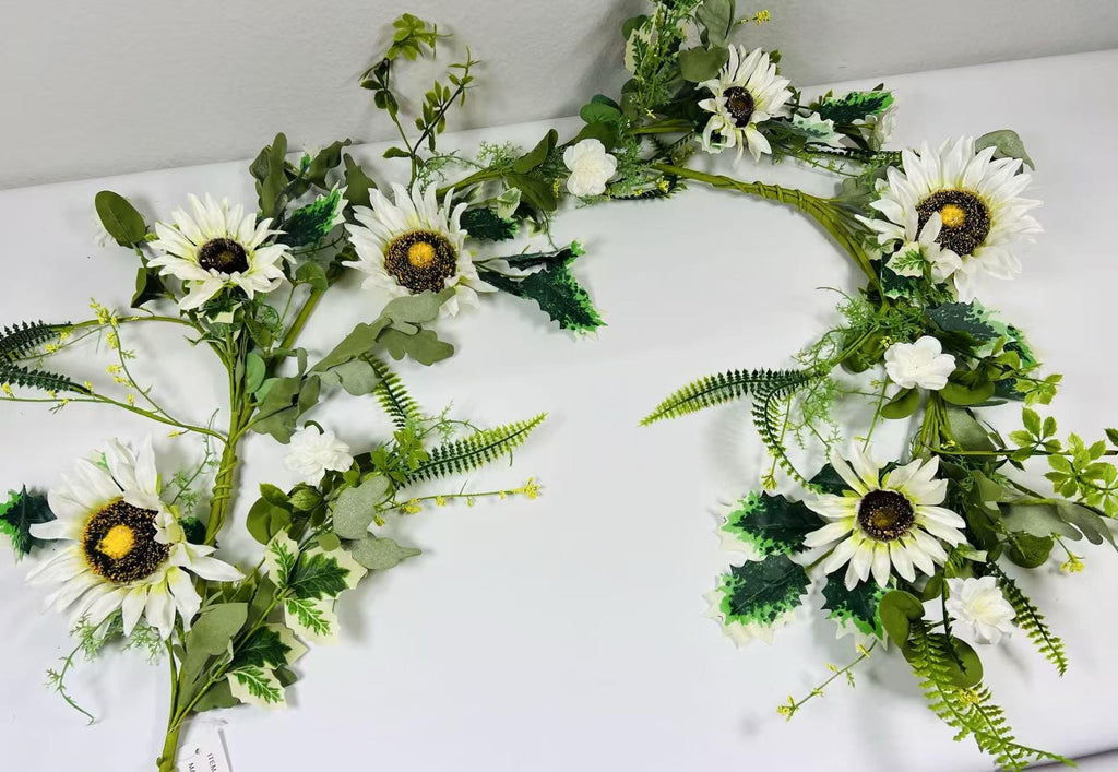 White Sunflower Garland 5ft | Farmhouse Greenery Garland | Rustic Artificial Floral Vine Decor