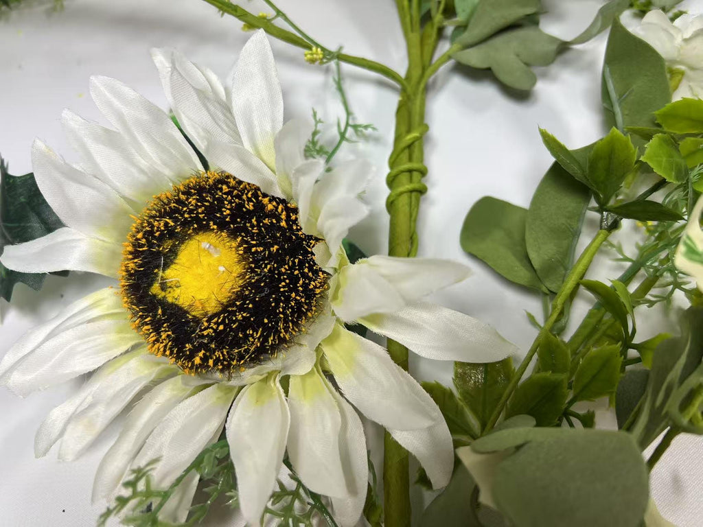 White Sunflower Garland 5ft | Farmhouse Greenery Garland | Rustic Artificial Floral Vine Decor