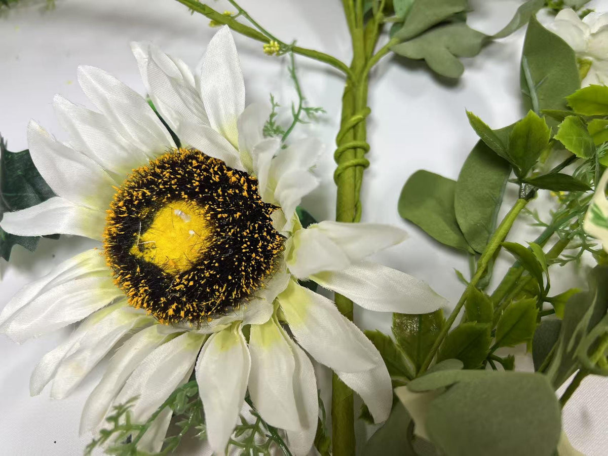 White Sunflower Garland 5ft | Farmhouse Greenery Garland | Rustic Artificial Floral Vine Decor