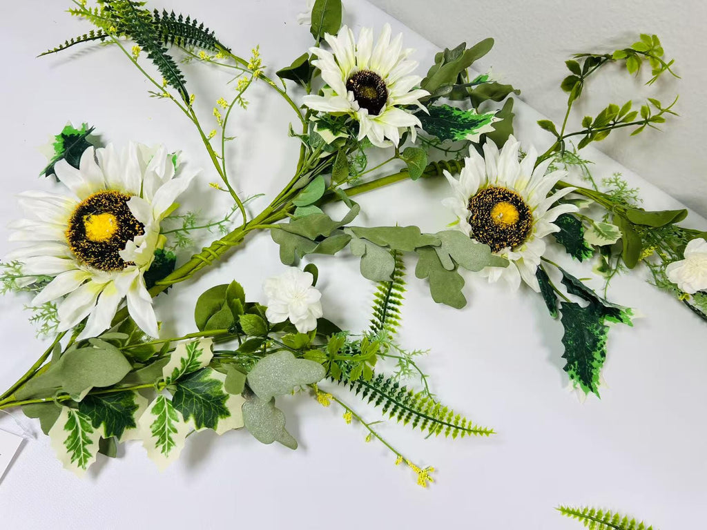 White Sunflower Garland 5ft | Farmhouse Greenery Garland | Rustic Artificial Floral Vine Decor