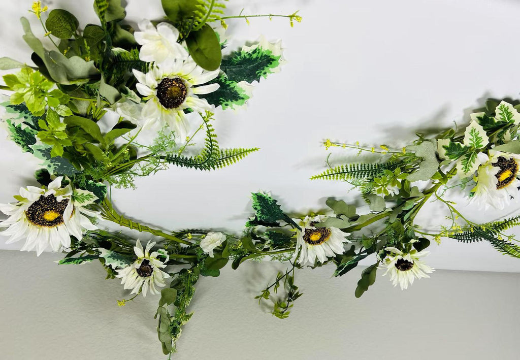 White Sunflower Garland 5ft | Farmhouse Greenery Garland | Rustic Artificial Floral Vine Decor