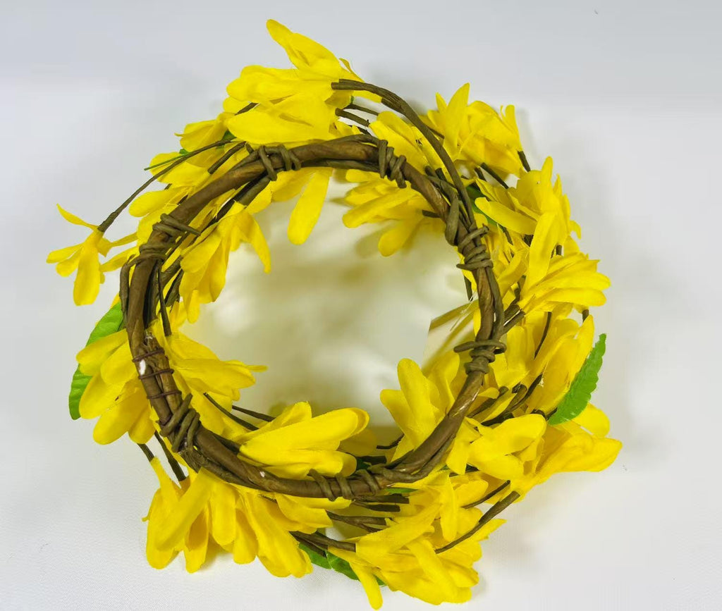 4.5” Yellow Silk Flower Candle Ring Mini Wreath Spring Farmhouse Decor Centerpiece Ring