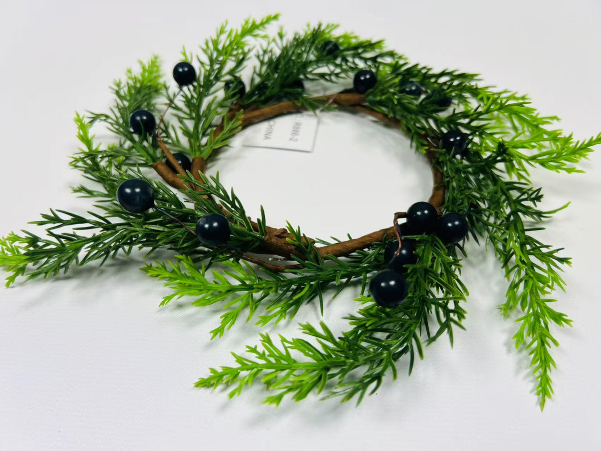 2.5” Touch Real Cedar Blueberry Candle Ring Wreath - Faux Mini Greenery Holiday Decor
