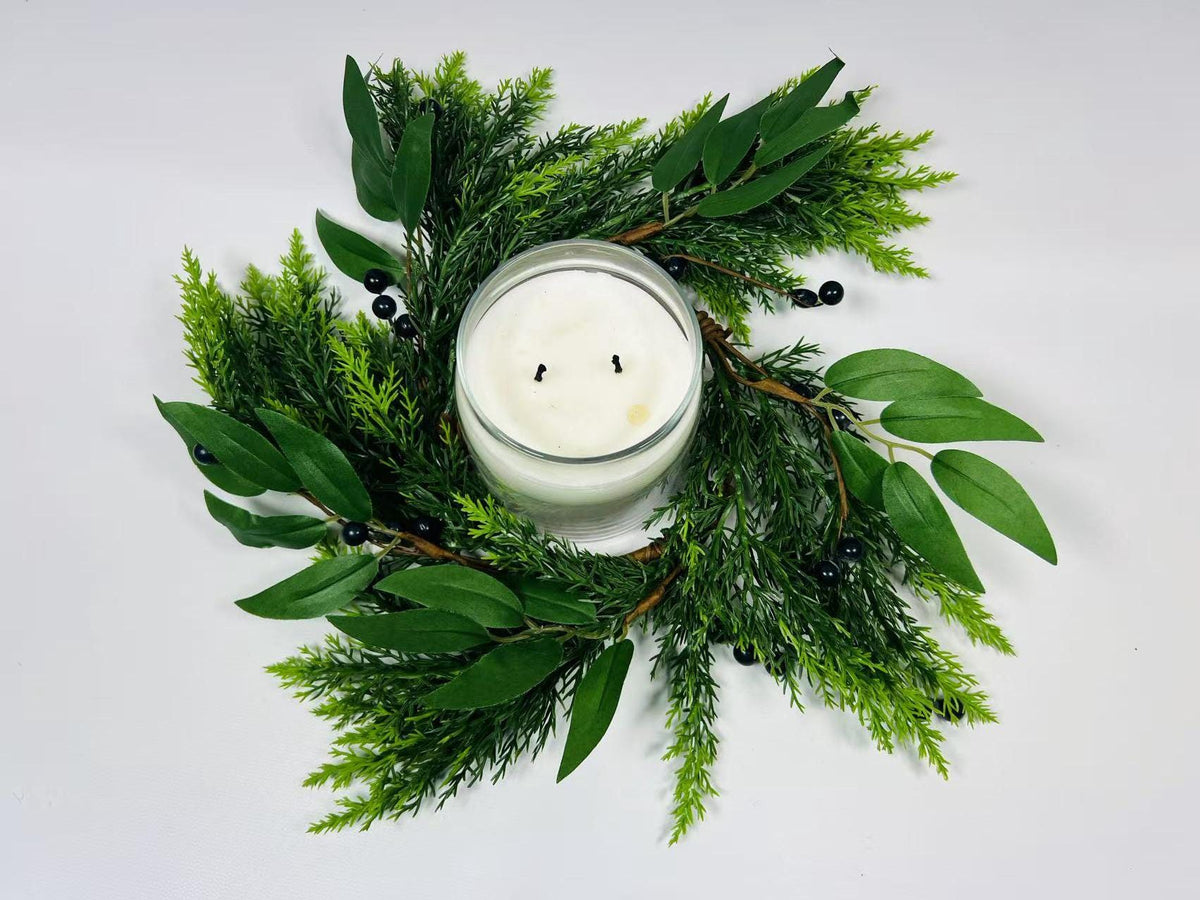 4.5” Touch Real Cedar Blueberry Candle Ring Wreath - Faux Greenery Holiday Table Decor