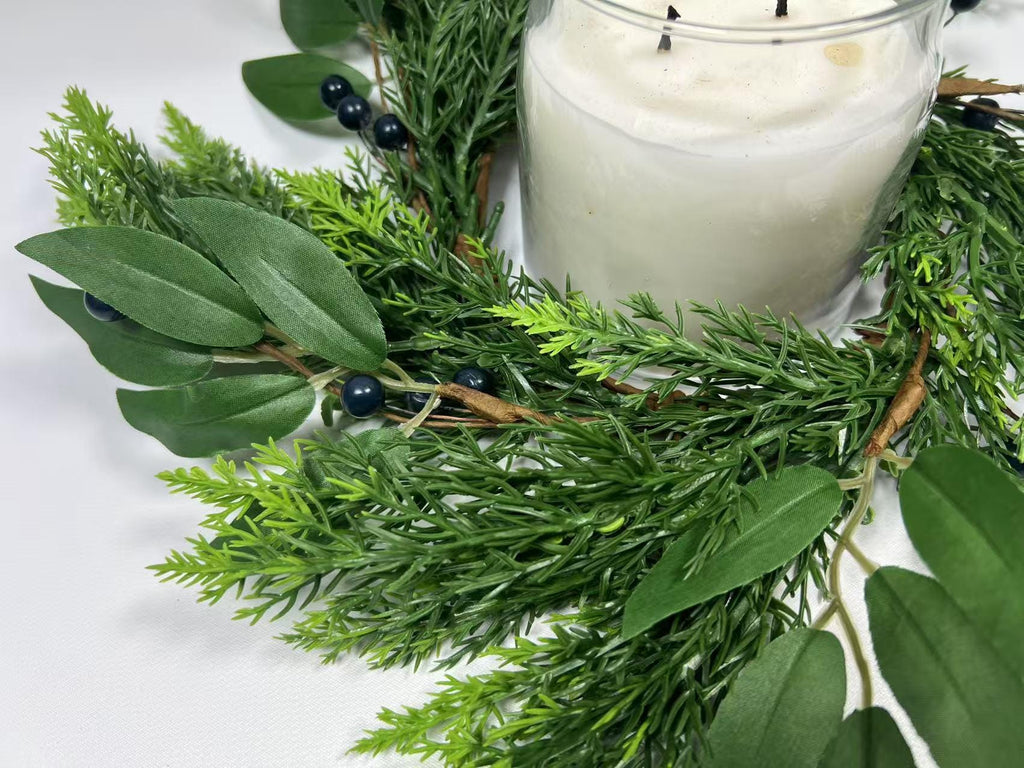 4.5” Touch Real Cedar Blueberry Candle Ring Wreath - Faux Greenery Holiday Table Decor