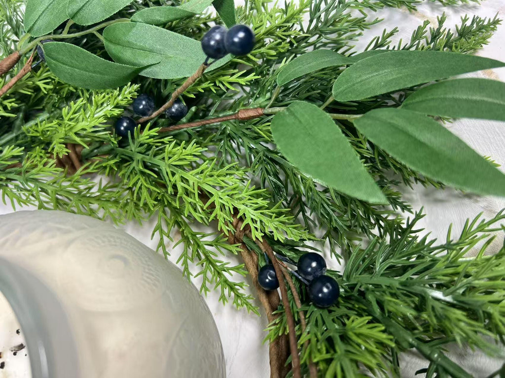 6.5” Touch Real Cedar Blueberry Candle Ring Wreath - Faux Greenery Holiday Table Decor