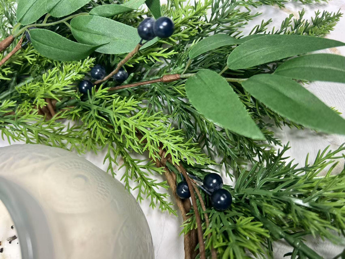 6.5” Touch Real Cedar Blueberry Candle Ring Wreath - Faux Greenery Holiday Table Decor