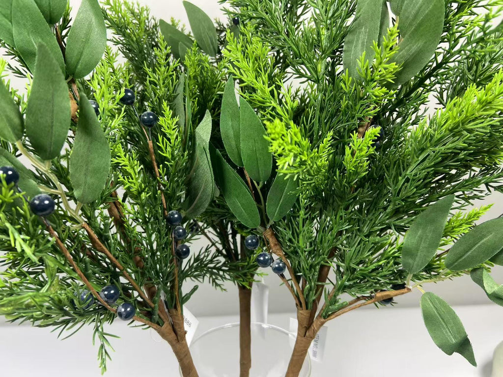 Real Touch Cedar Pine Greenery Pick Faux Blueberry Stem Lifelike Holiday Farmhouse Rustic Decor
