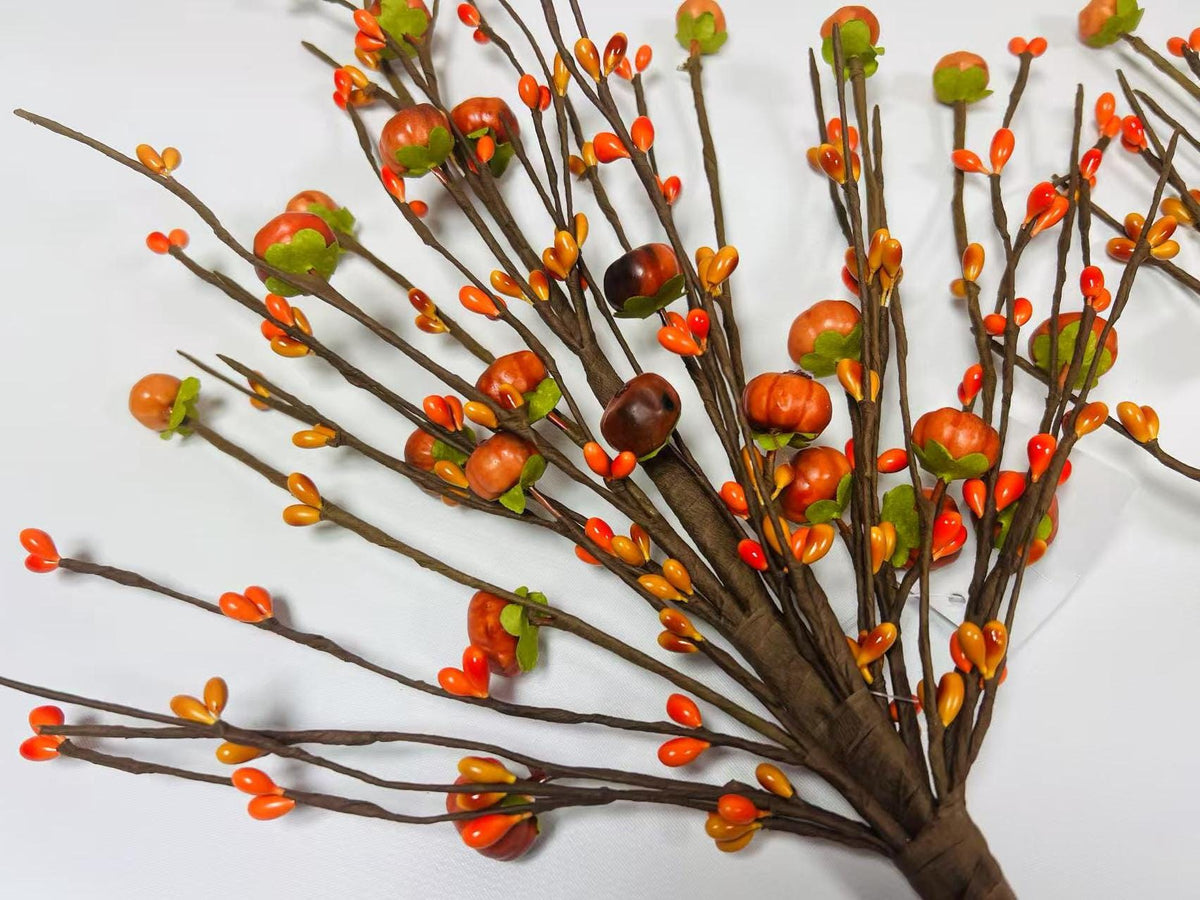 19 Inch Fall Pumpkin Berry Pick, Autumn Floral Stem, Thanksgiving Centerpiece, Rustic Farmhouse Decor
