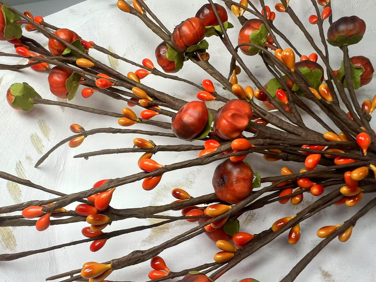 19 Inch Fall Pumpkin Berry Pick, Autumn Floral Stem, Thanksgiving Centerpiece, Rustic Farmhouse Decor