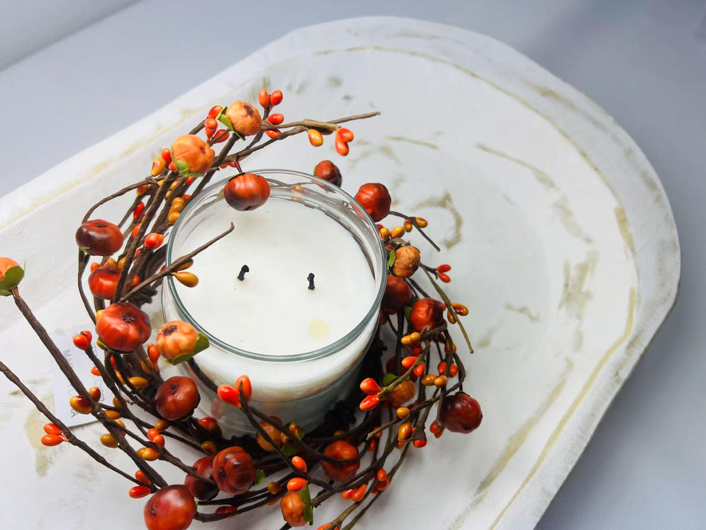 4.5” Fall Mini Pumpkin Candle Ring | Rustic Autumn Berry Wreath | Farmhouse Table Decor