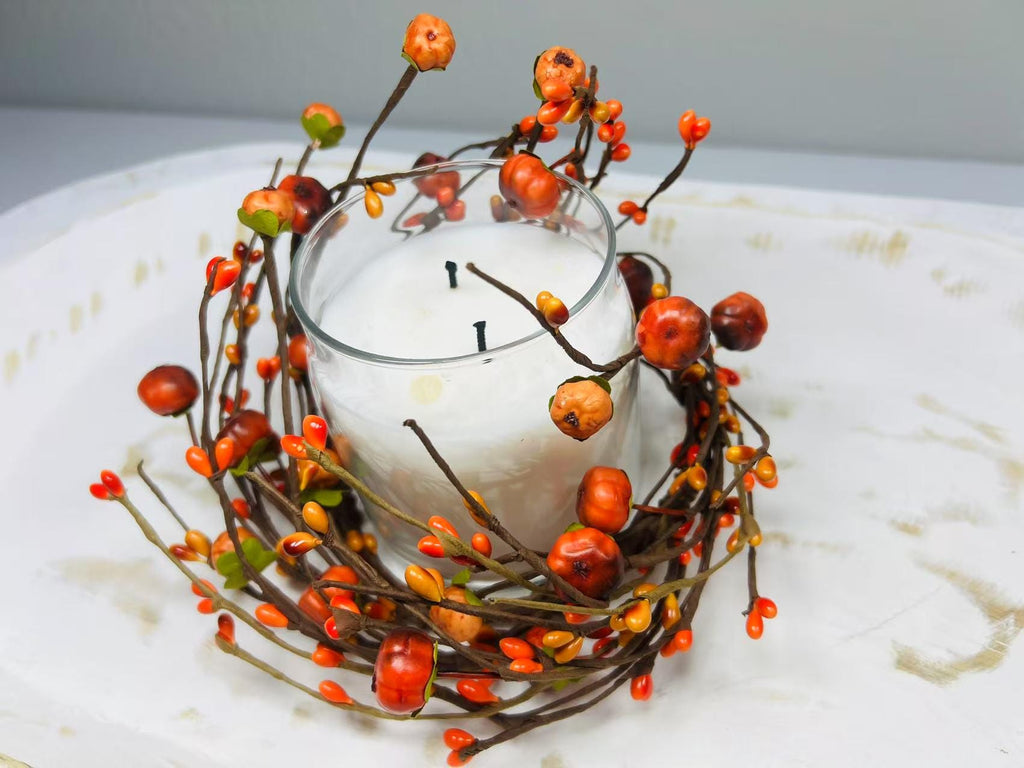 4.5” Fall Mini Pumpkin Candle Ring | Rustic Autumn Berry Wreath | Farmhouse Table Decor