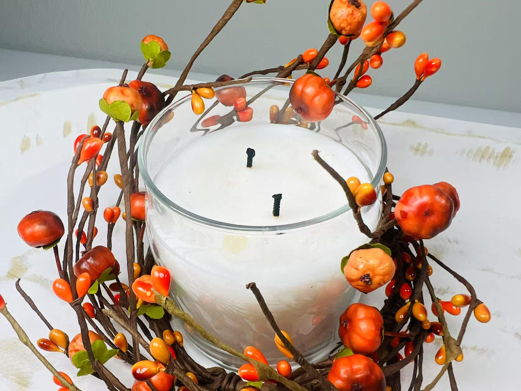 4.5” Fall Mini Pumpkin Candle Ring | Rustic Autumn Berry Wreath | Farmhouse Table Decor