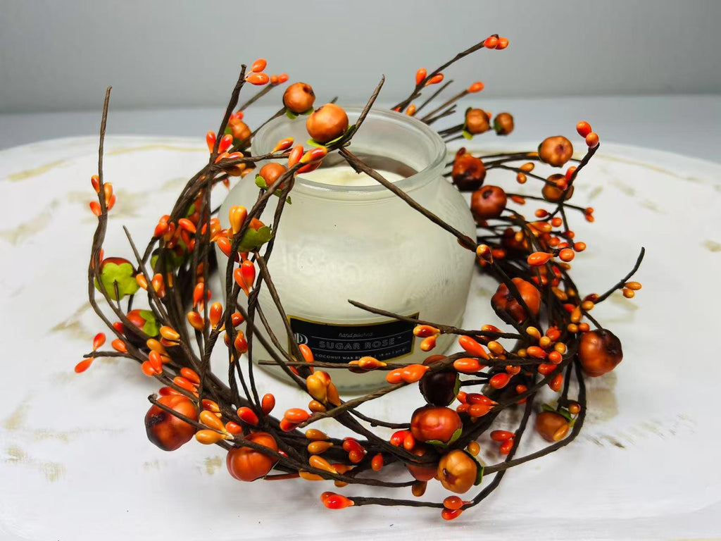 6.5” Fall Pumpkin Berry Candle Ring | Mini Autumn Wreath | Farmhouse Thanksgiving Decor