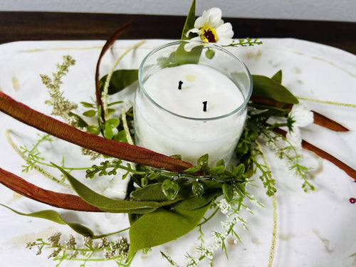 4.5” Mini Artificial Floral Wreath – Small Rustic Greenery Candle Ring with White Flowers