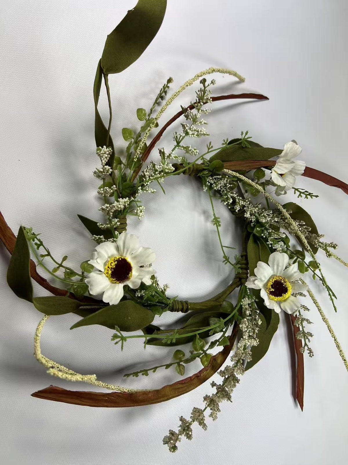 4.5” Mini Artificial Floral Wreath – Small Rustic Greenery Candle Ring with White Flowers