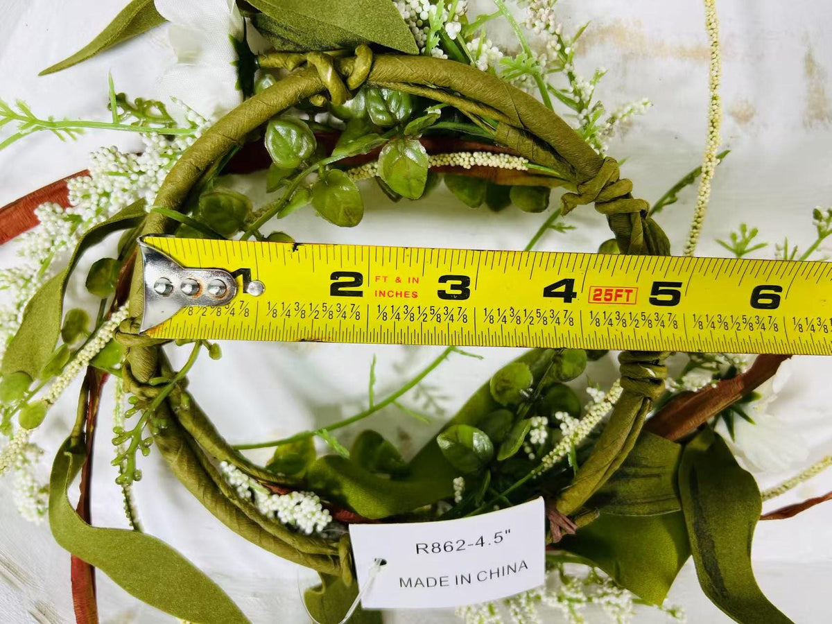 4.5” Mini Artificial Floral Wreath – Small Rustic Greenery Candle Ring with White Flowers