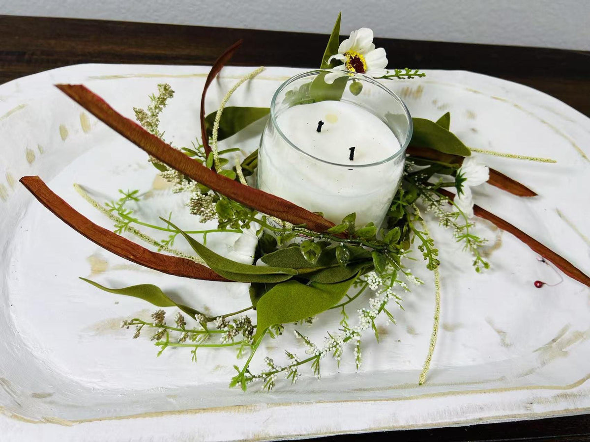 4.5” Mini Artificial Floral Wreath – Small Rustic Greenery Candle Ring with White Flowers