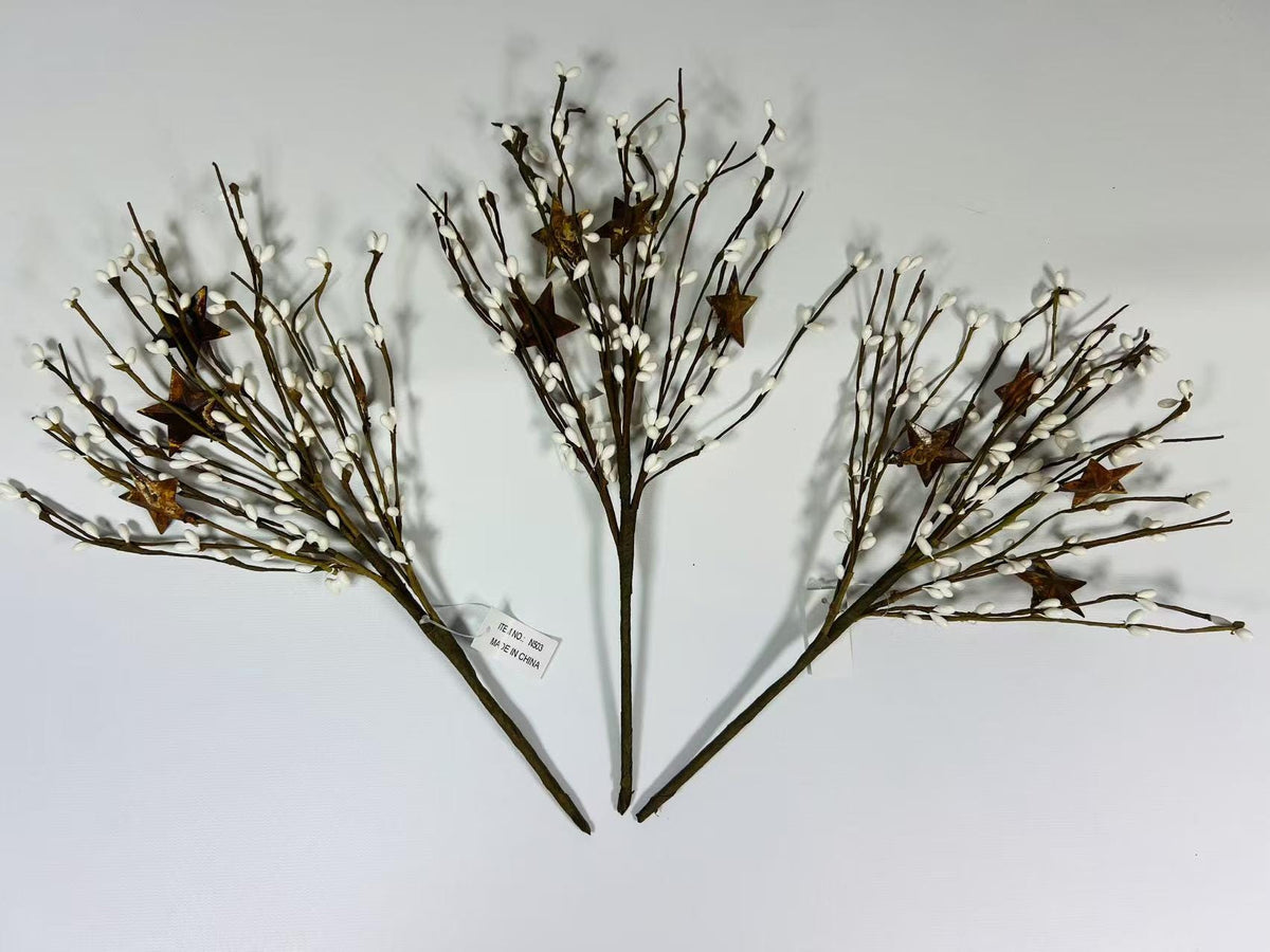 14” White Pip Berry Stem with Rusty Stars, Rustic Floral Pick, Farmhouse Primitive Decor