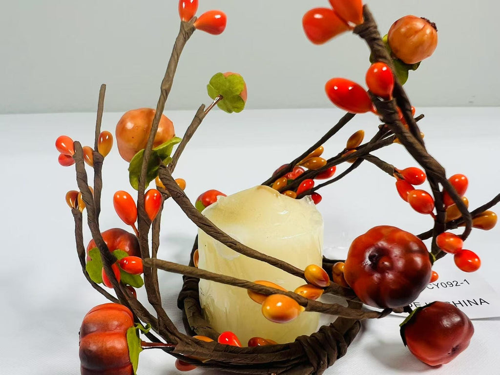 Mini 1.5” Fall Candle Ring with Artificial Pumpkins and Berries for Autumn Decor