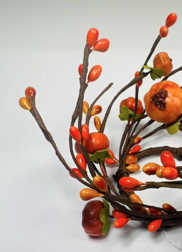 Mini 1.5” Fall Candle Ring with Artificial Pumpkins and Berries for Autumn Decor