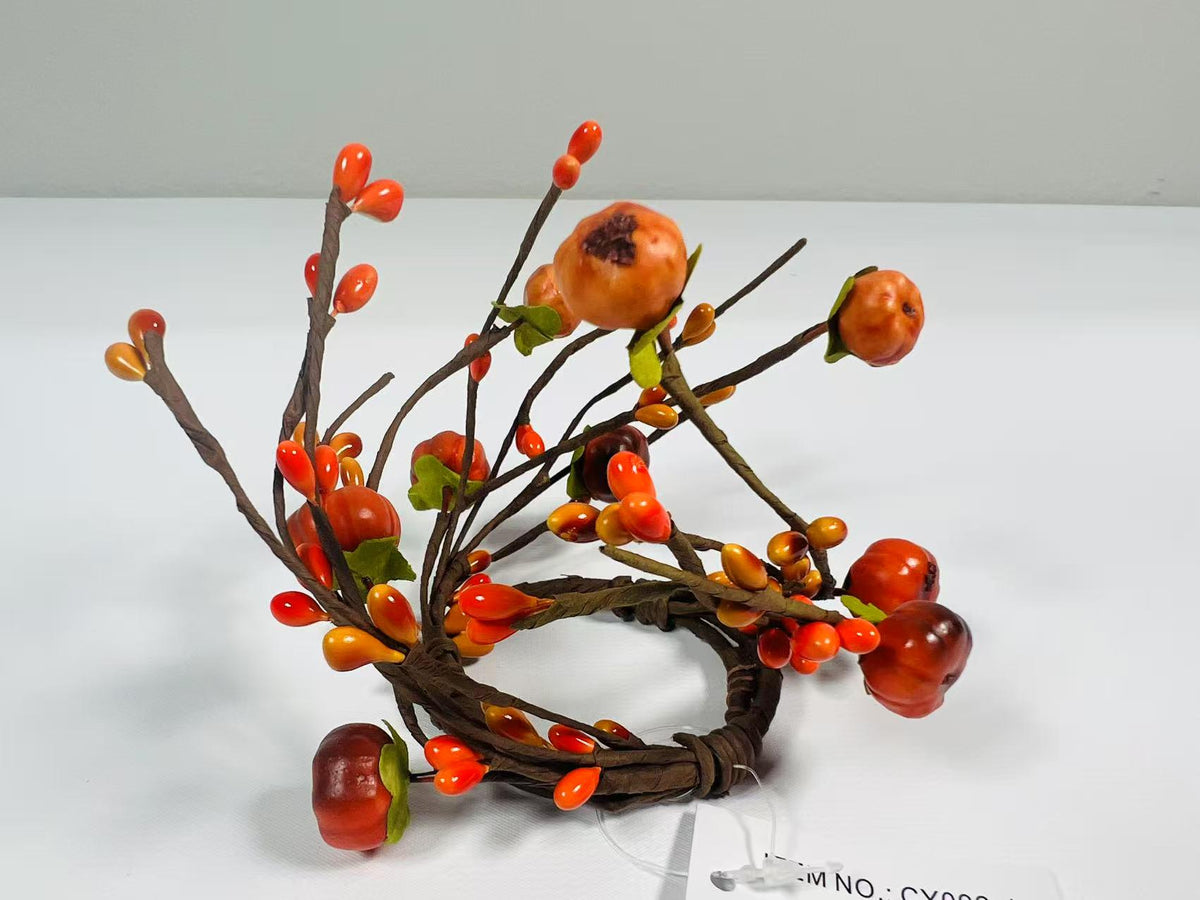 Mini 1.5” Fall Candle Ring with Artificial Pumpkins and Berries for Autumn Decor