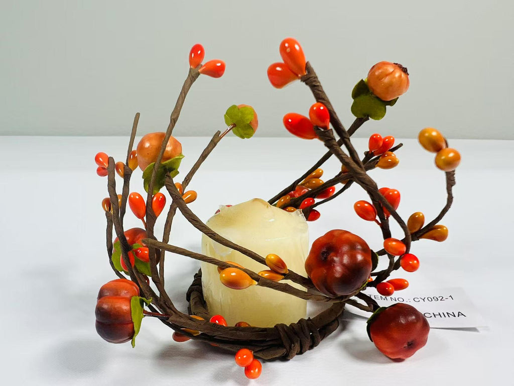 Mini 1.5” Fall Candle Ring with Artificial Pumpkins and Berries for Autumn Decor