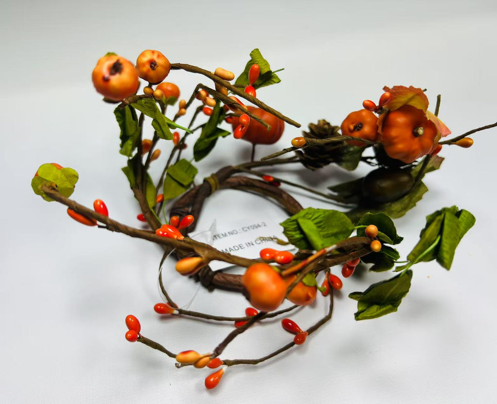 Mini Fall Pumpkin Berry Candle Ring – 2.5” Autumn Wreath with Gourds, Acorns & Leaves