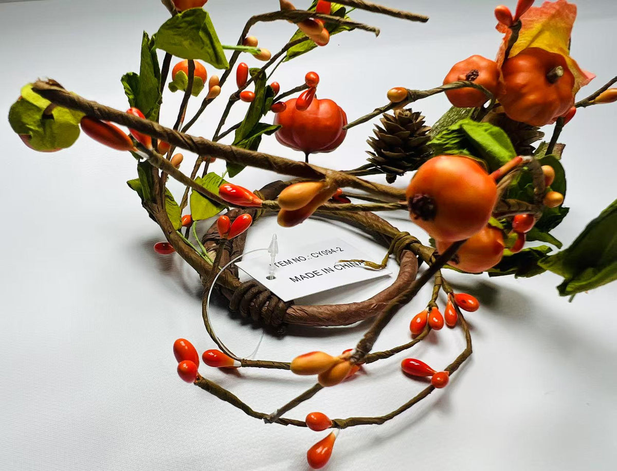 Mini Fall Pumpkin Berry Candle Ring – 2.5” Autumn Wreath with Gourds, Acorns & Leaves