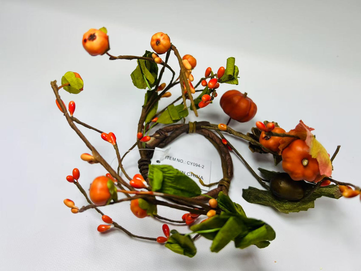 Mini Fall Pumpkin Berry Candle Ring – 2.5” Autumn Wreath with Gourds, Acorns & Leaves
