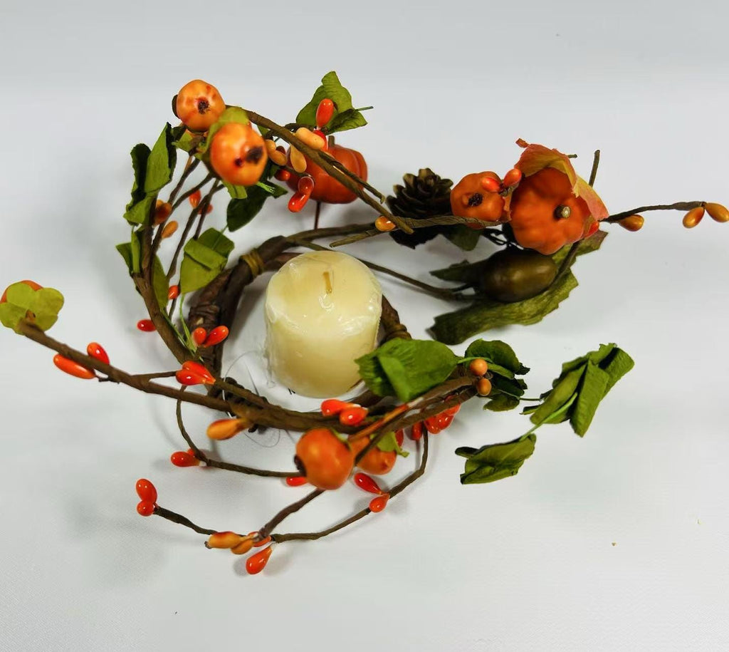 Mini Fall Pumpkin Berry Candle Ring – 2.5” Autumn Wreath with Gourds, Acorns & Leaves