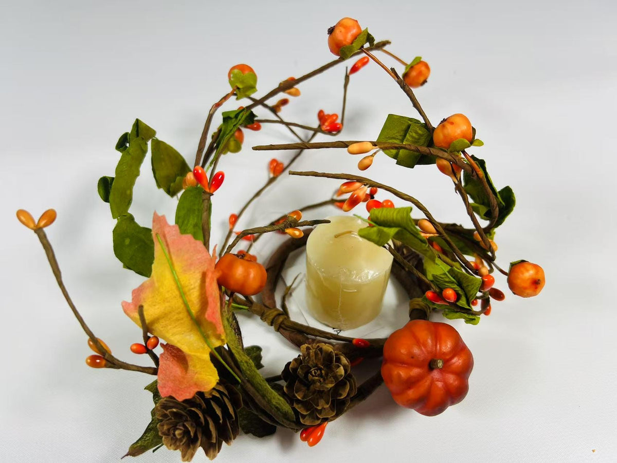 Mini Fall Pumpkin Berry Candle Ring – 2.5” Autumn Wreath with Gourds, Acorns & Leaves
