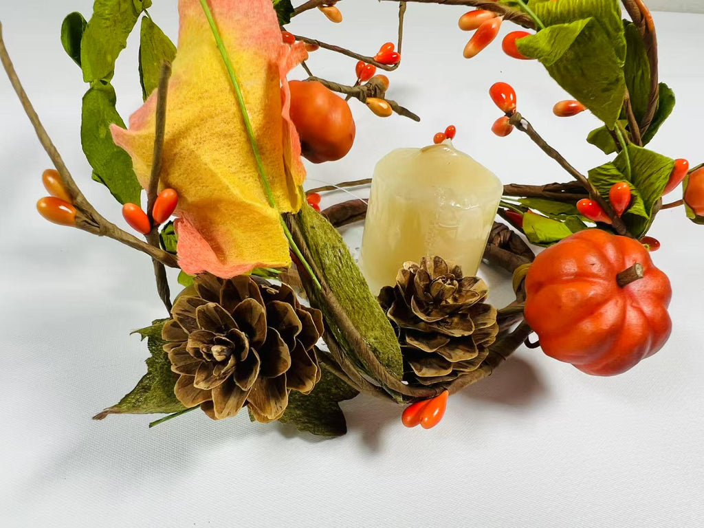 Mini Fall Pumpkin Berry Candle Ring – 2.5” Autumn Wreath with Gourds, Acorns & Leaves