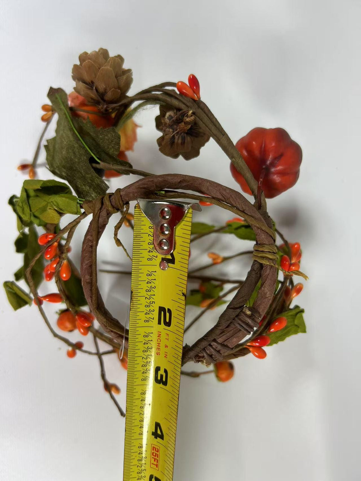 Mini Fall Pumpkin Berry Candle Ring – 2.5” Autumn Wreath with Gourds, Acorns & Leaves